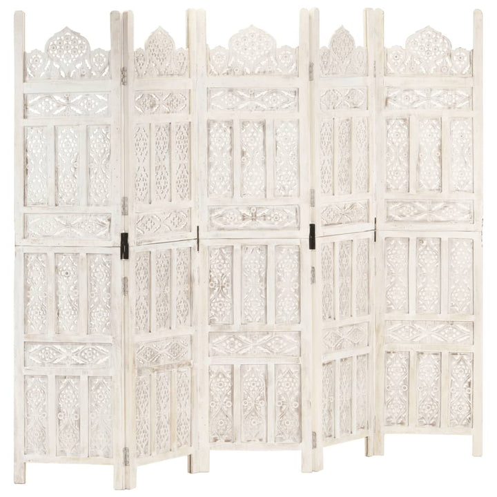 5-panels rumdeler håndskåret 200 x 165 cm massivt mangotræ hvid