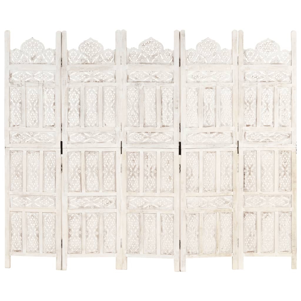 5-panels rumdeler håndskåret 200 x 165 cm massivt mangotræ hvid