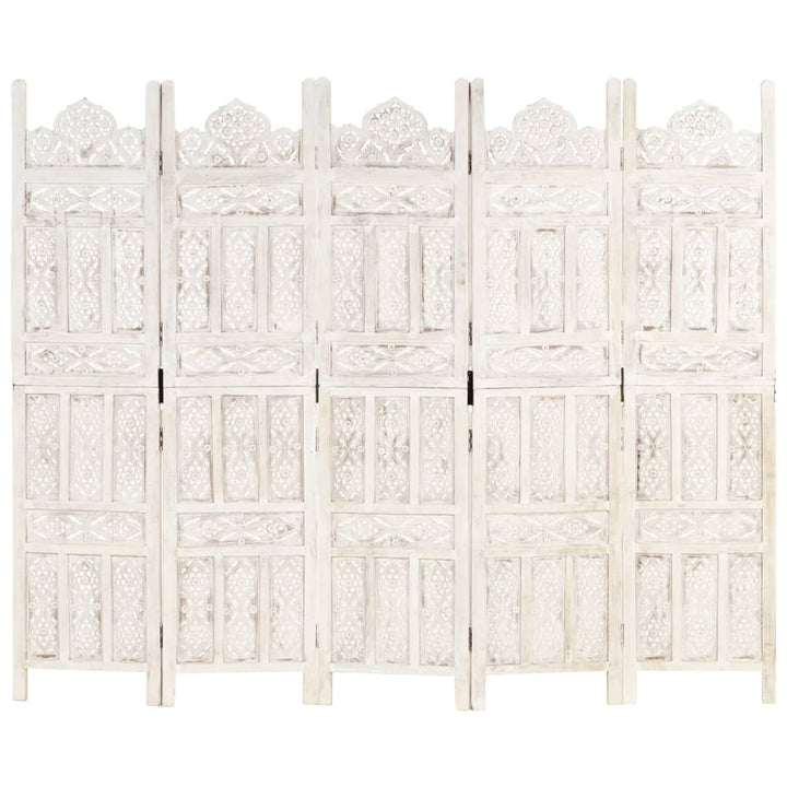 5-panels rumdeler håndskåret 200 x 165 cm massivt mangotræ hvid