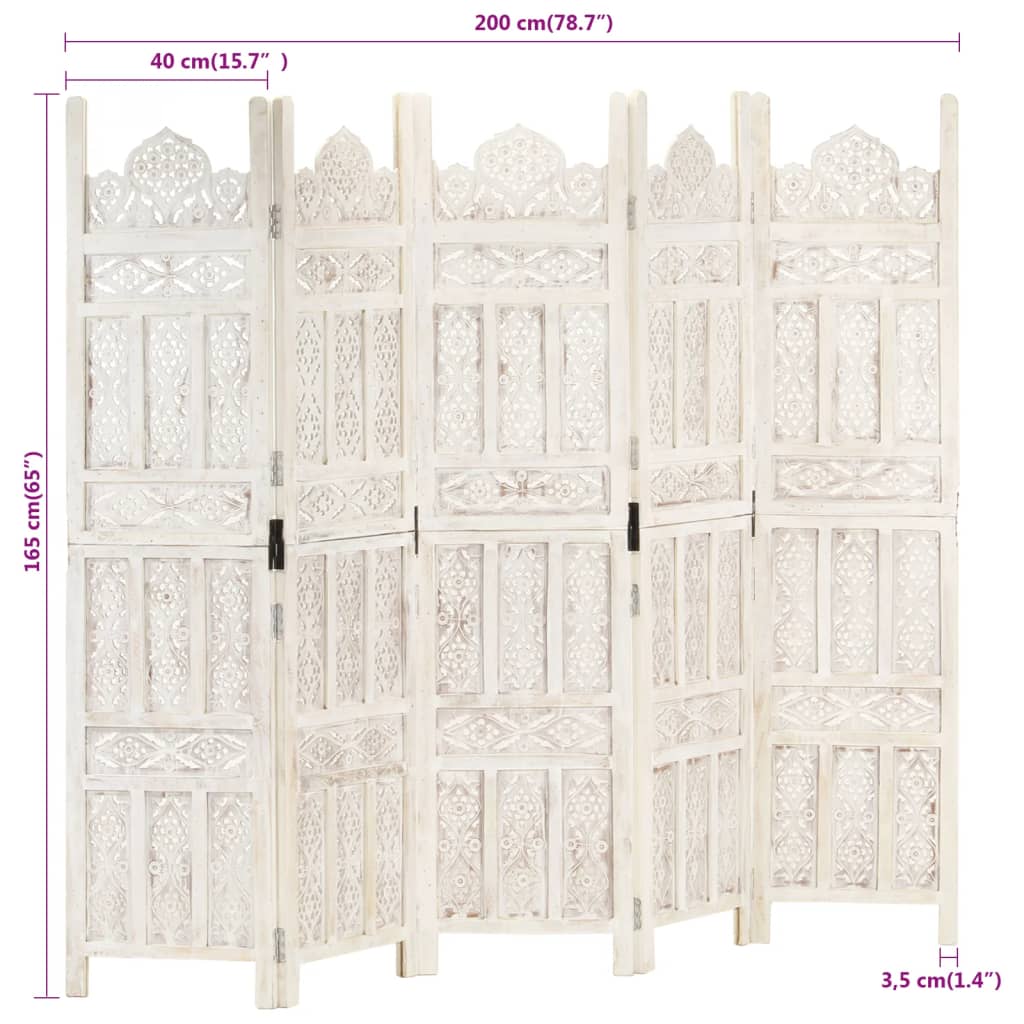 5-panels rumdeler håndskåret 200 x 165 cm massivt mangotræ hvid
