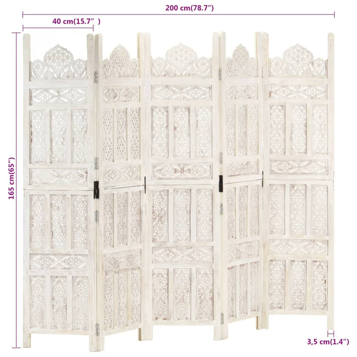 5-panels rumdeler håndskåret 200 x 165 cm massivt mangotræ hvid