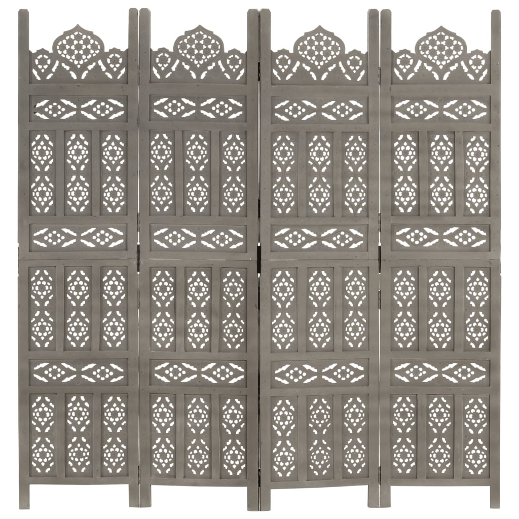 4-panels rumdeler håndskåret 160x165 cm massivt mangotræ grå