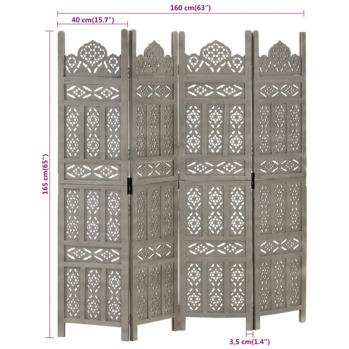 4-panels rumdeler håndskåret 160x165 cm massivt mangotræ grå