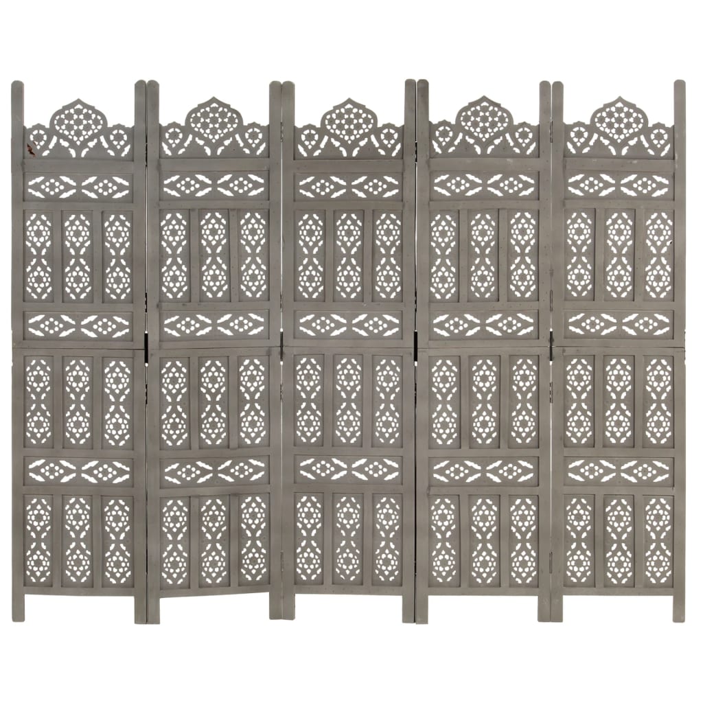 5-panels rumdeler håndskåret 200 x 165 cm massivt mangotræ grå