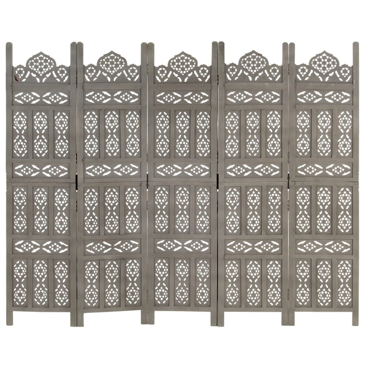 5-panels rumdeler håndskåret 200 x 165 cm massivt mangotræ grå