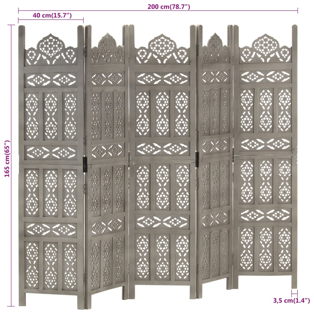 5-panels rumdeler håndskåret 200 x 165 cm massivt mangotræ grå