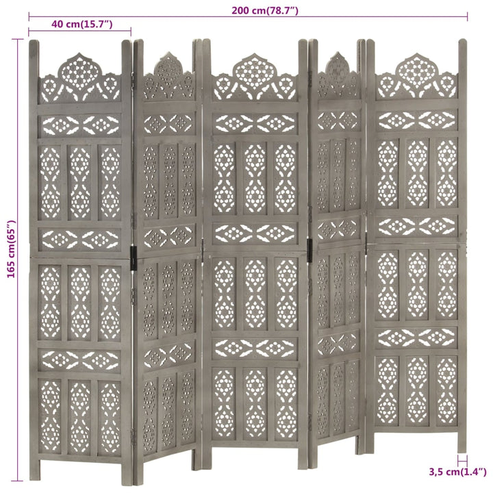 5-panels rumdeler håndskåret 200 x 165 cm massivt mangotræ grå