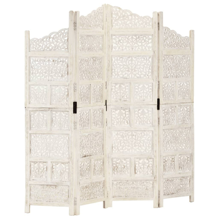 4-panels rumdeler håndskåret 160 x 165 cm massivt mangotræ hvid
