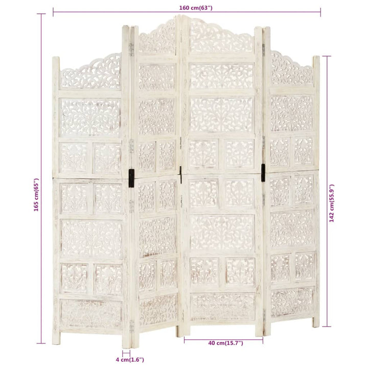 4-panels rumdeler håndskåret 160 x 165 cm massivt mangotræ hvid