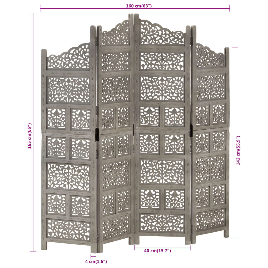4-panels rumdeler håndskåret 160x165 cm massivt mangotræ grå