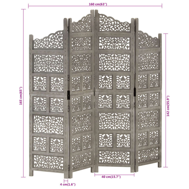 4-panels rumdeler håndskåret 160x165 cm massivt mangotræ grå
