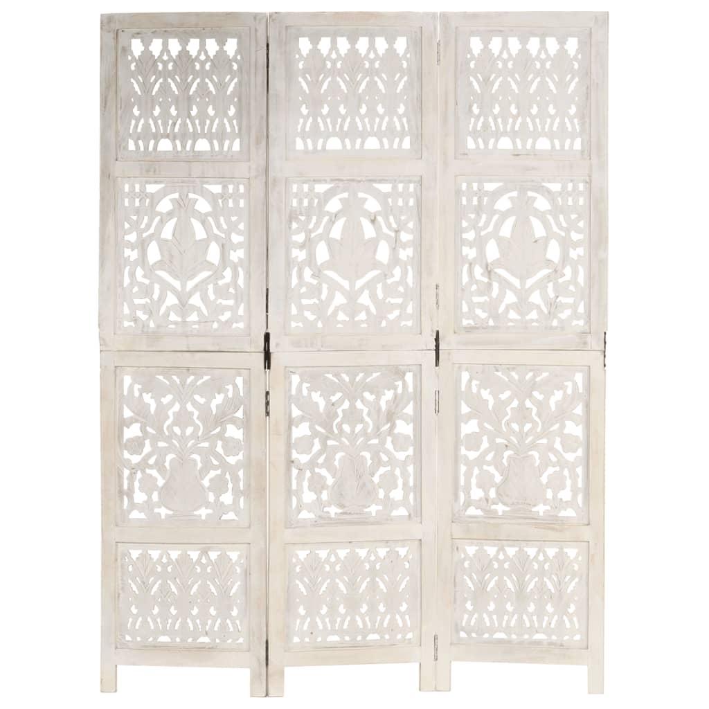 3-panels rumdeler håndskåret 120 x 165 cm massivt mangotræ hvid
