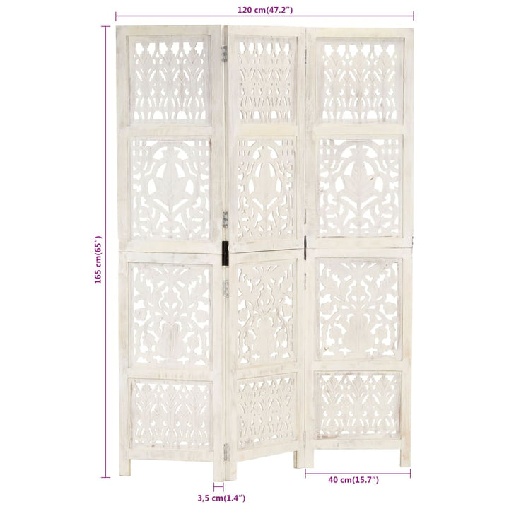 3-panels rumdeler håndskåret 120 x 165 cm massivt mangotræ hvid
