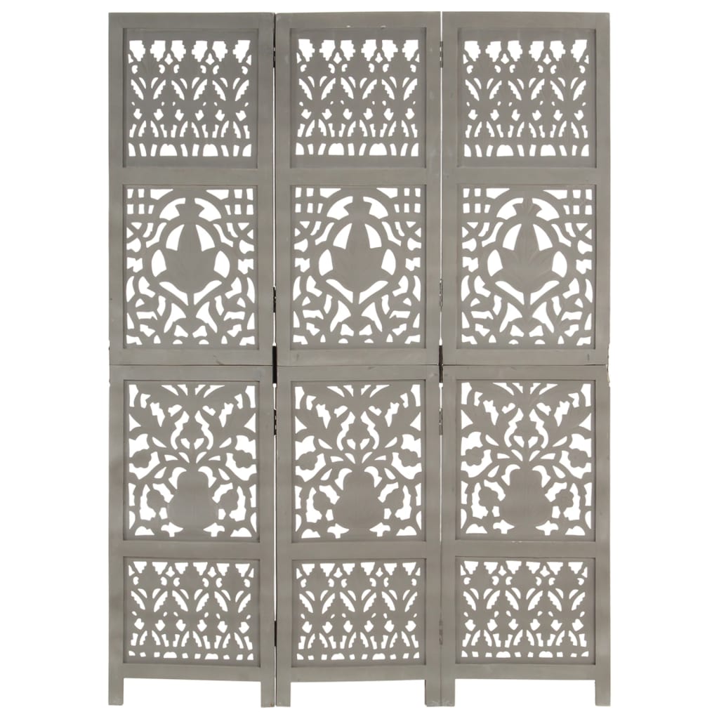 3-panels rumdeler håndskåret 120 x 165 cm massivt mangotræ grå