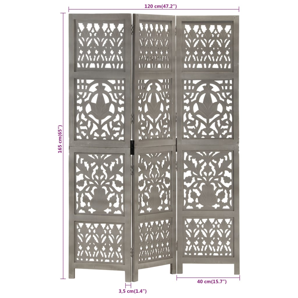 3-panels rumdeler håndskåret 120 x 165 cm massivt mangotræ grå
