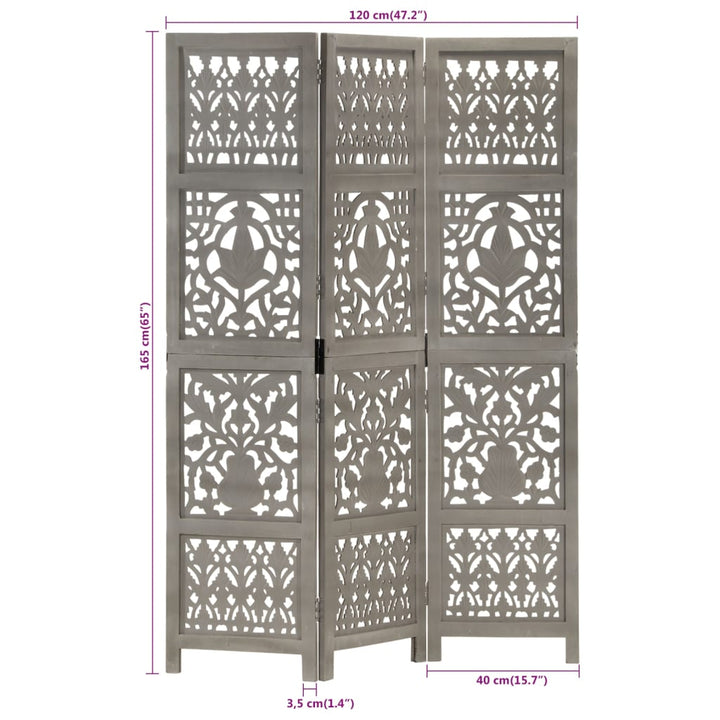 3-panels rumdeler håndskåret 120 x 165 cm massivt mangotræ grå