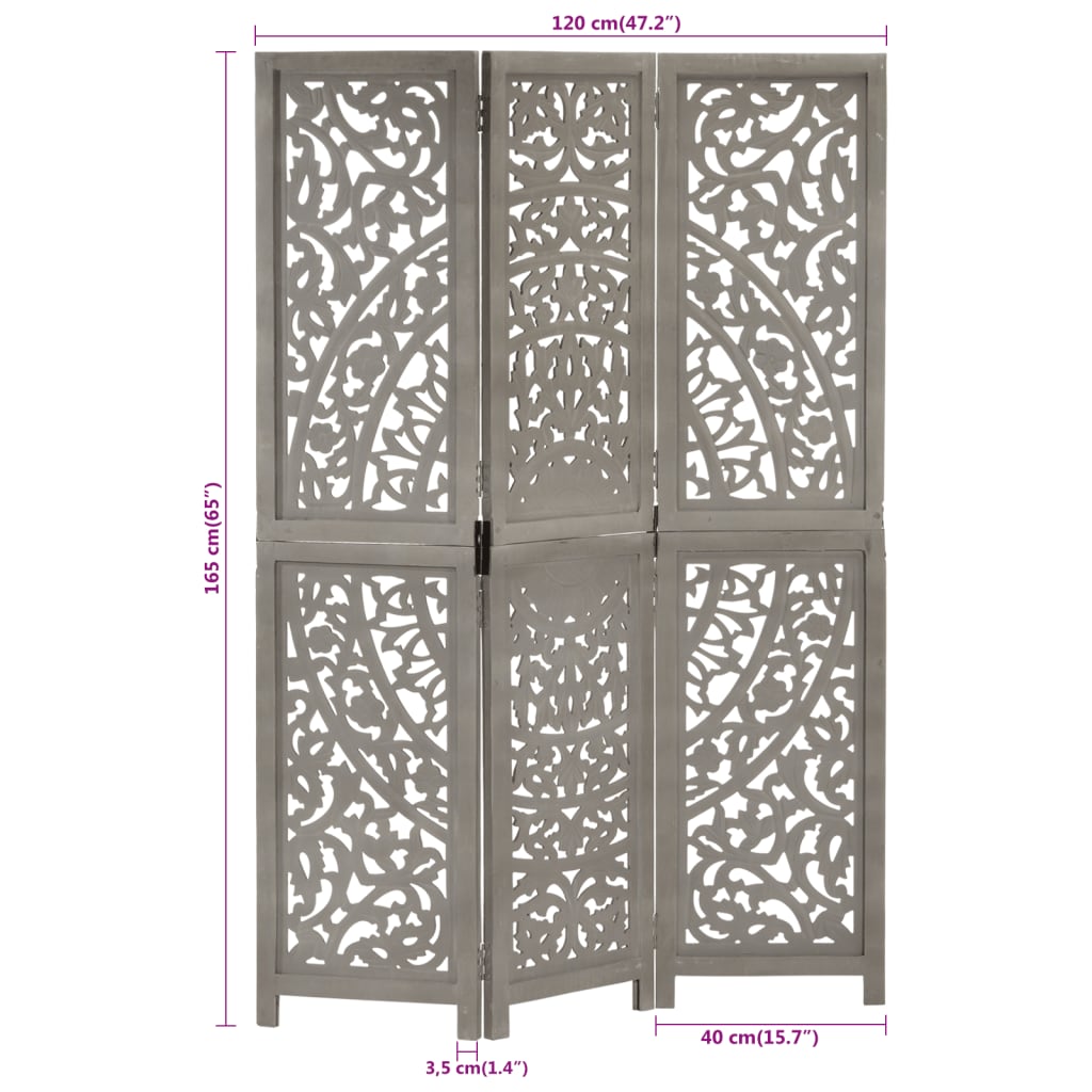 3-panels rumdeler håndskåret 120 x 165 cm massivt mangotræ grå