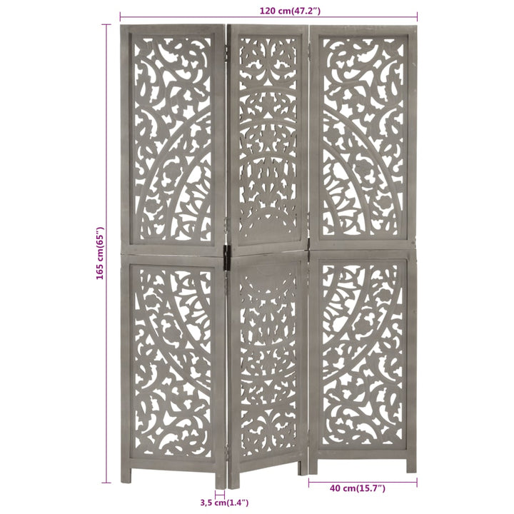 3-panels rumdeler håndskåret 120 x 165 cm massivt mangotræ grå