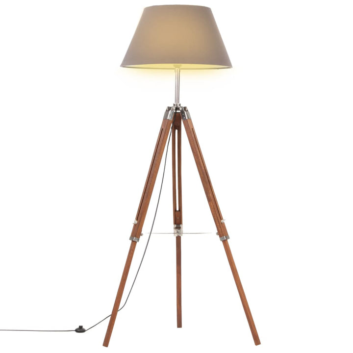 gulvlampe med trefod 141 cm massivt teaktræ honningbrun og grå
