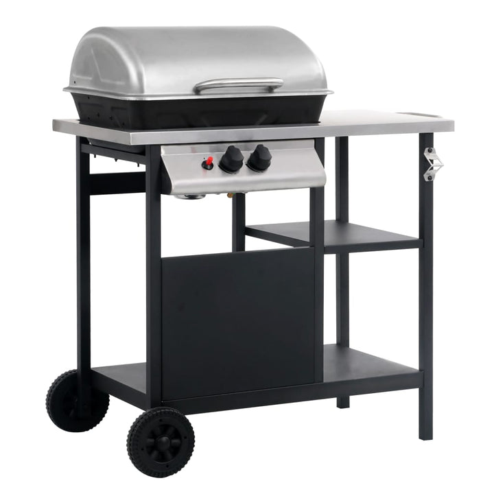 gasgrill med 3-lags sidebord sort og sølvfarvet