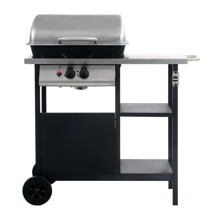 gasgrill med 3-lags sidebord sort og sølvfarvet
