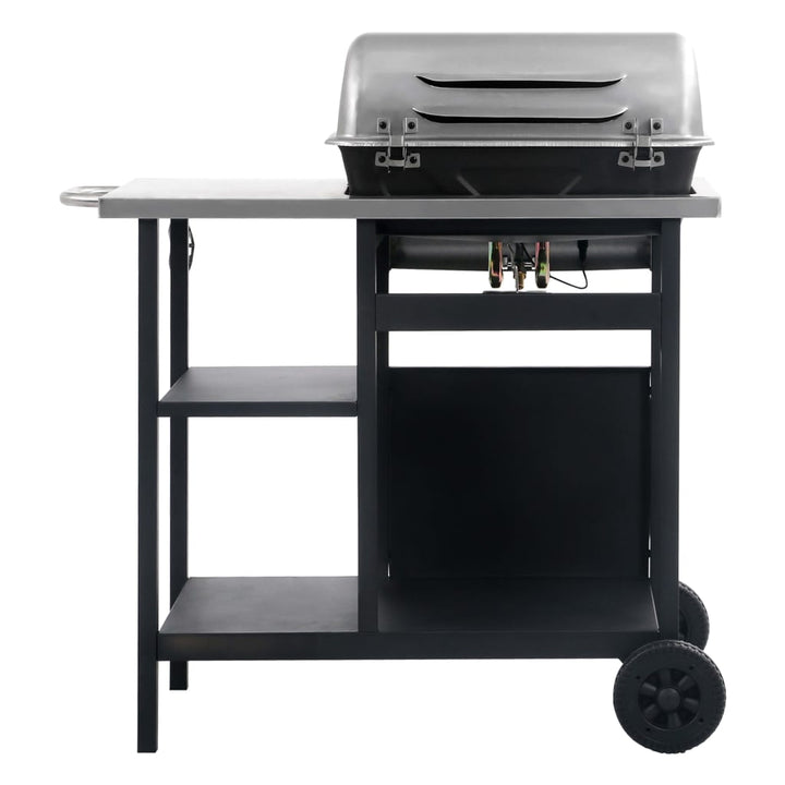 gasgrill med 3-lags sidebord sort og sølvfarvet