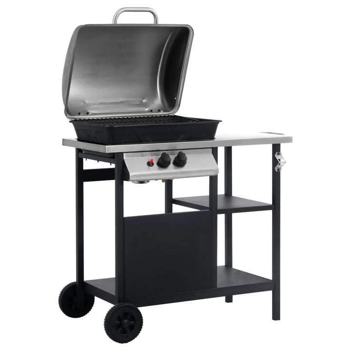 gasgrill med 3-lags sidebord sort og sølvfarvet