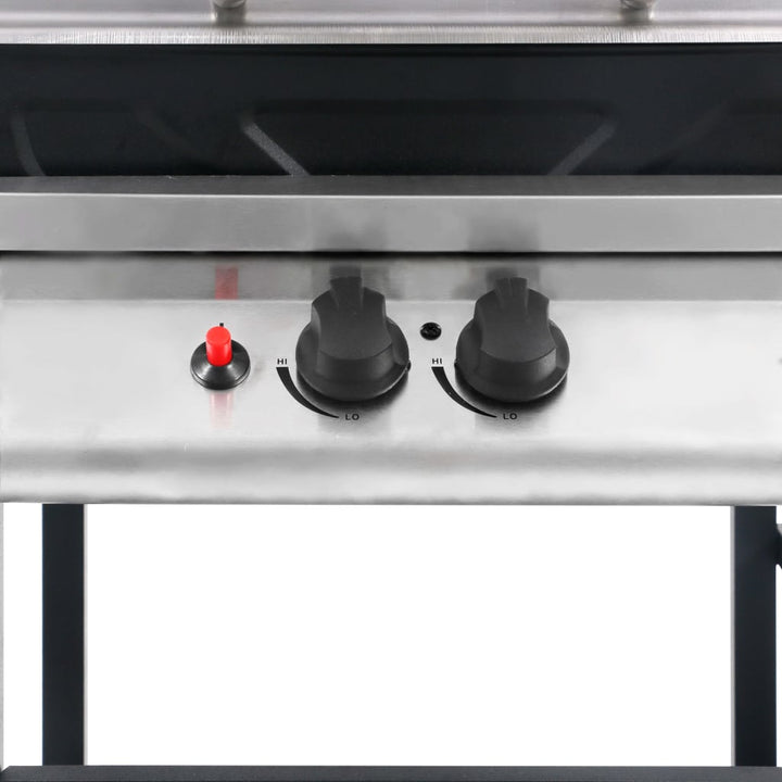 gasgrill med 3-lags sidebord sort og sølvfarvet