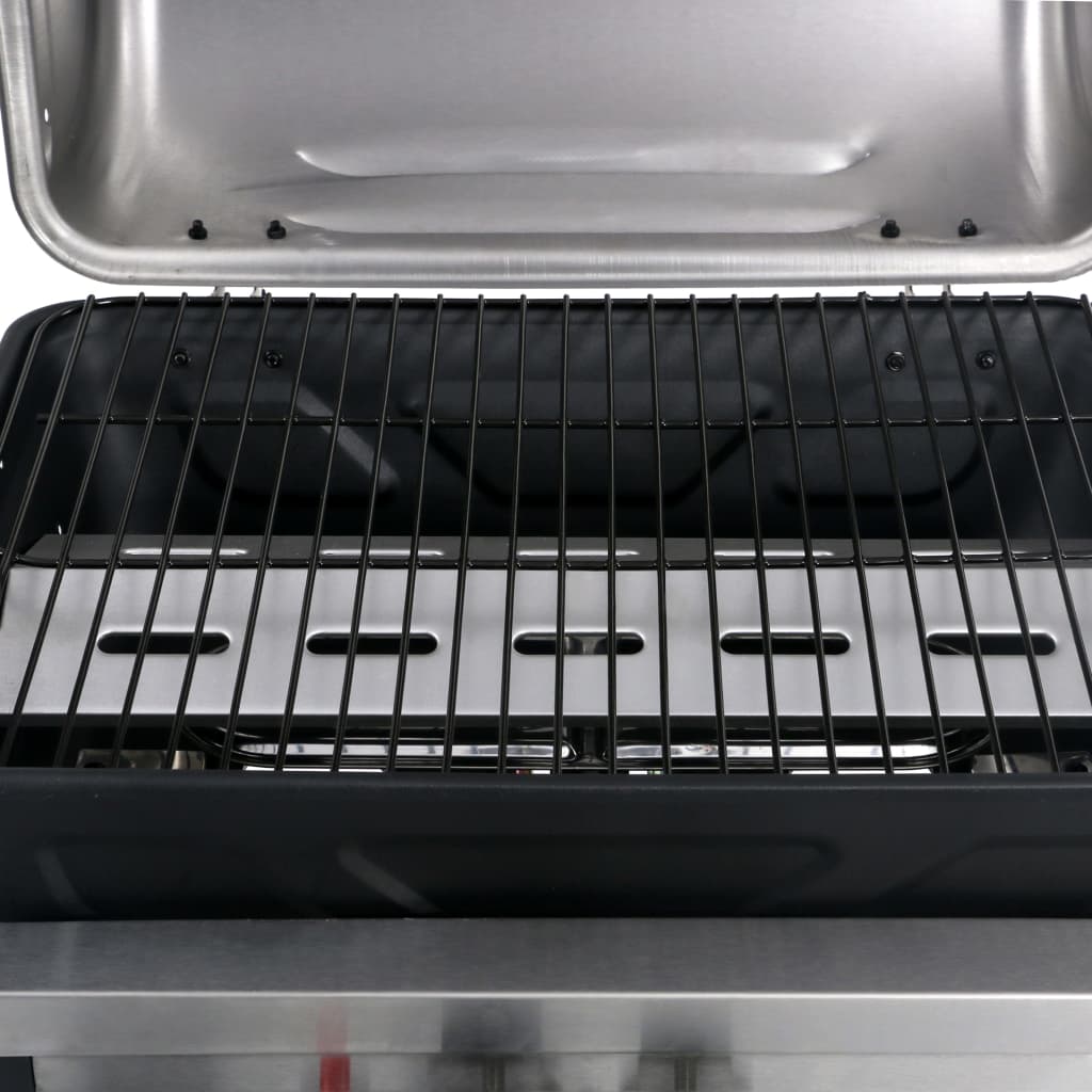 gasgrill med 3-lags sidebord sort og sølvfarvet