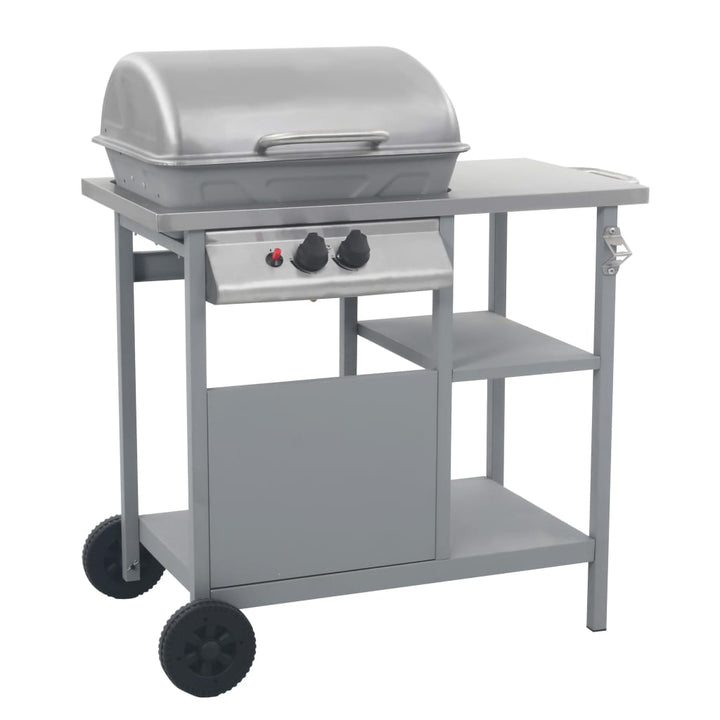 gasgrill med 3-lags sidebord sølvfarvet