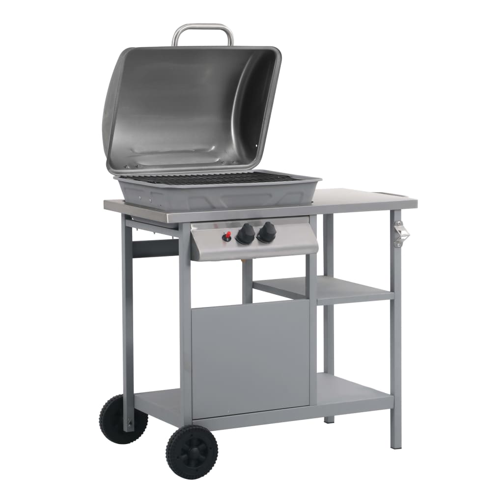 gasgrill med 3-lags sidebord sølvfarvet