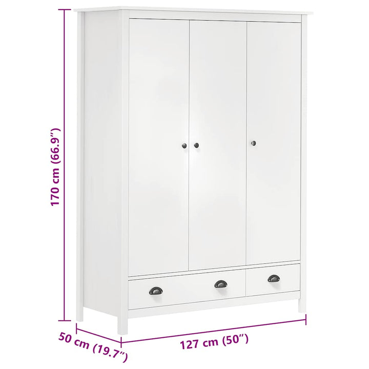 klædeskab med 3 låger Hill 127x50x170 massivt fyrretræ hvid