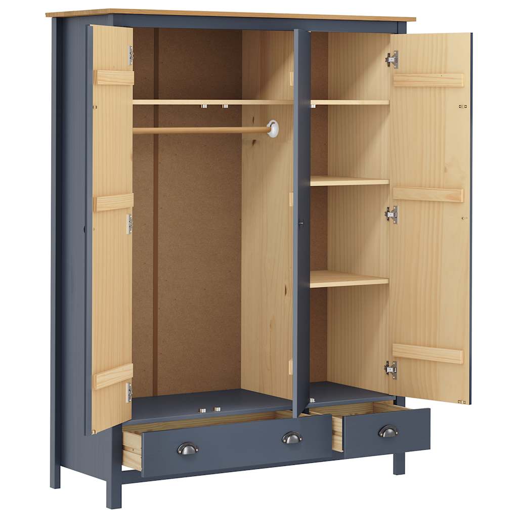 klædeskab med 3 låger Hill 127x50x170 cm massivt fyrretræ grå