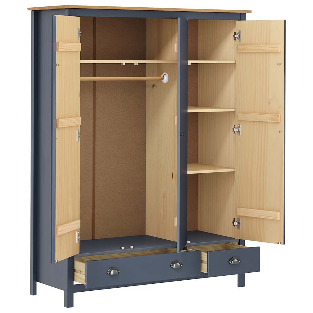 klædeskab med 3 låger Hill 127x50x170 cm massivt fyrretræ grå
