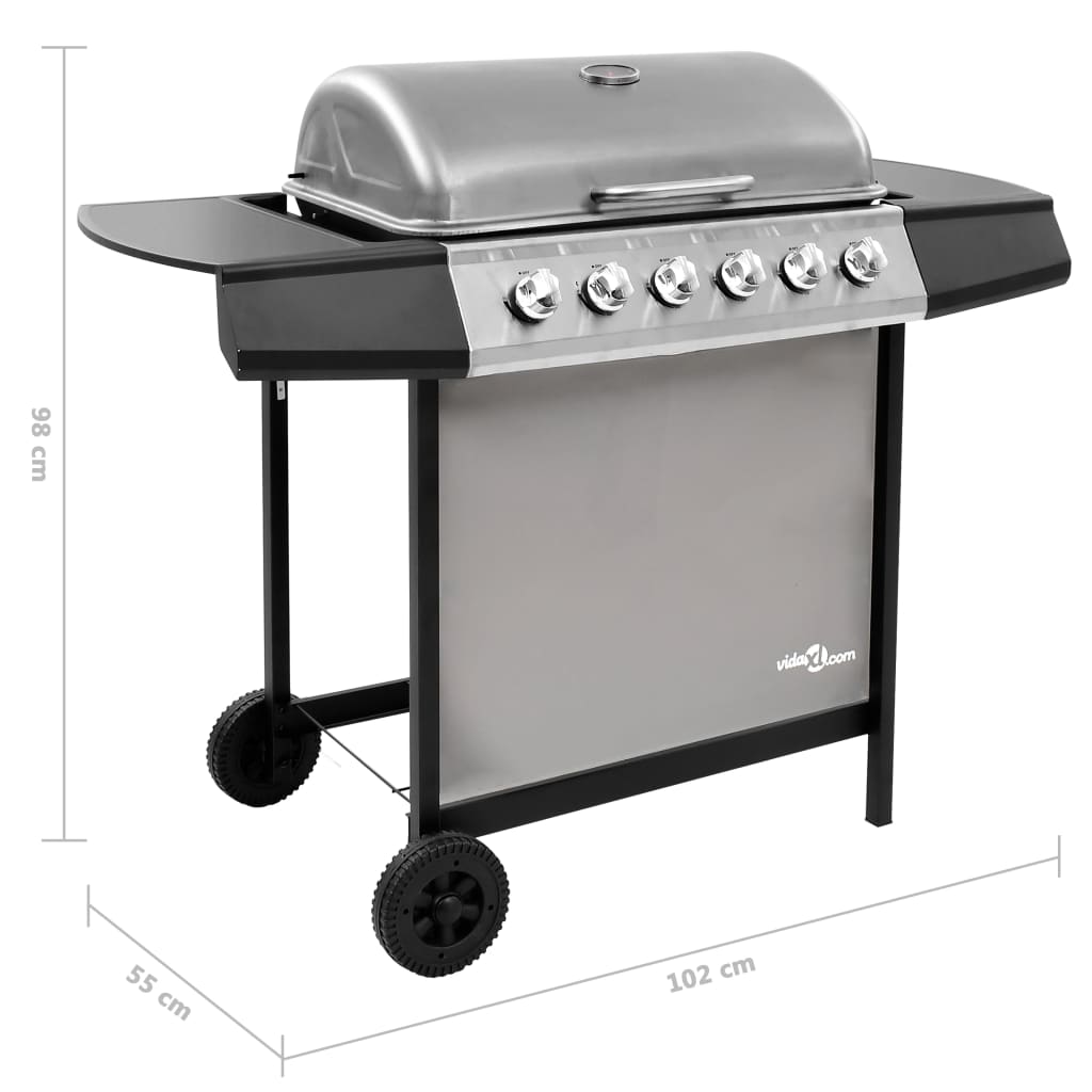 gasgrill 6 brændere sort og sølvfarvet