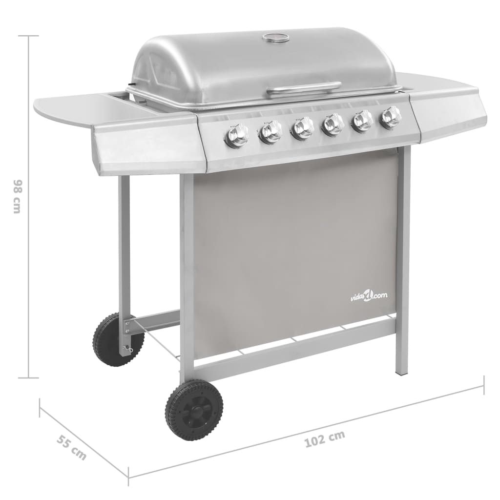 gasgrill 6 brændere sølvfarvet