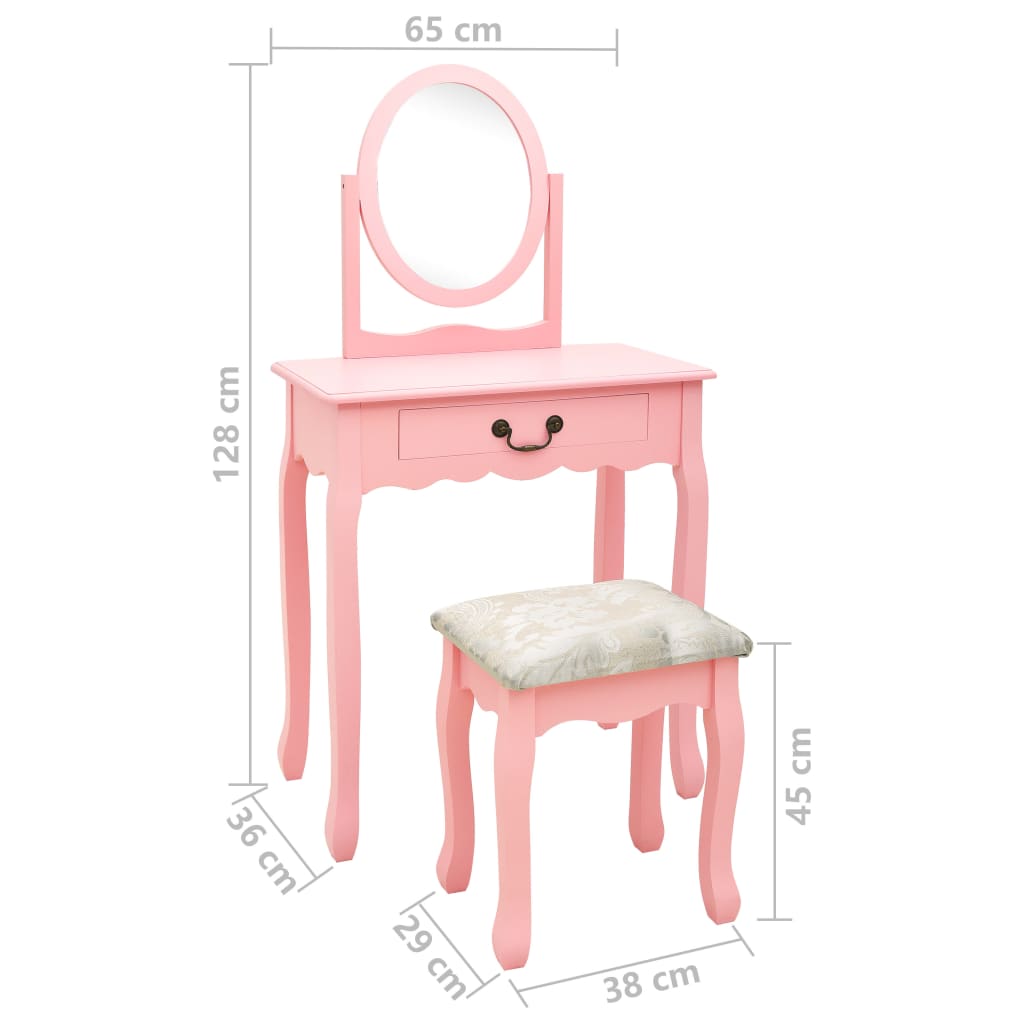 kosmetikbord med taburet 65x36x128 cm kejsertræ MDF pink