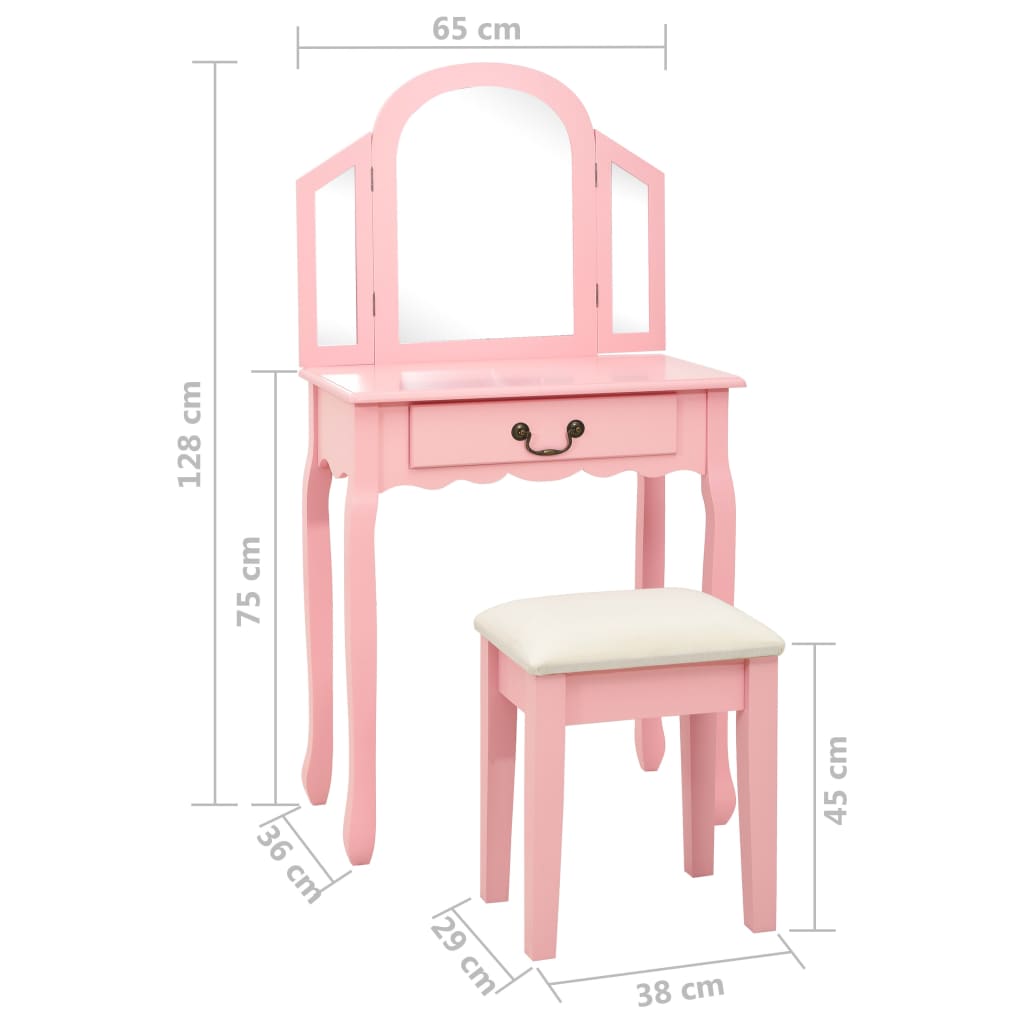 kosmetikbord med taburet 65x36x128 cm kejsertræ MDF pink