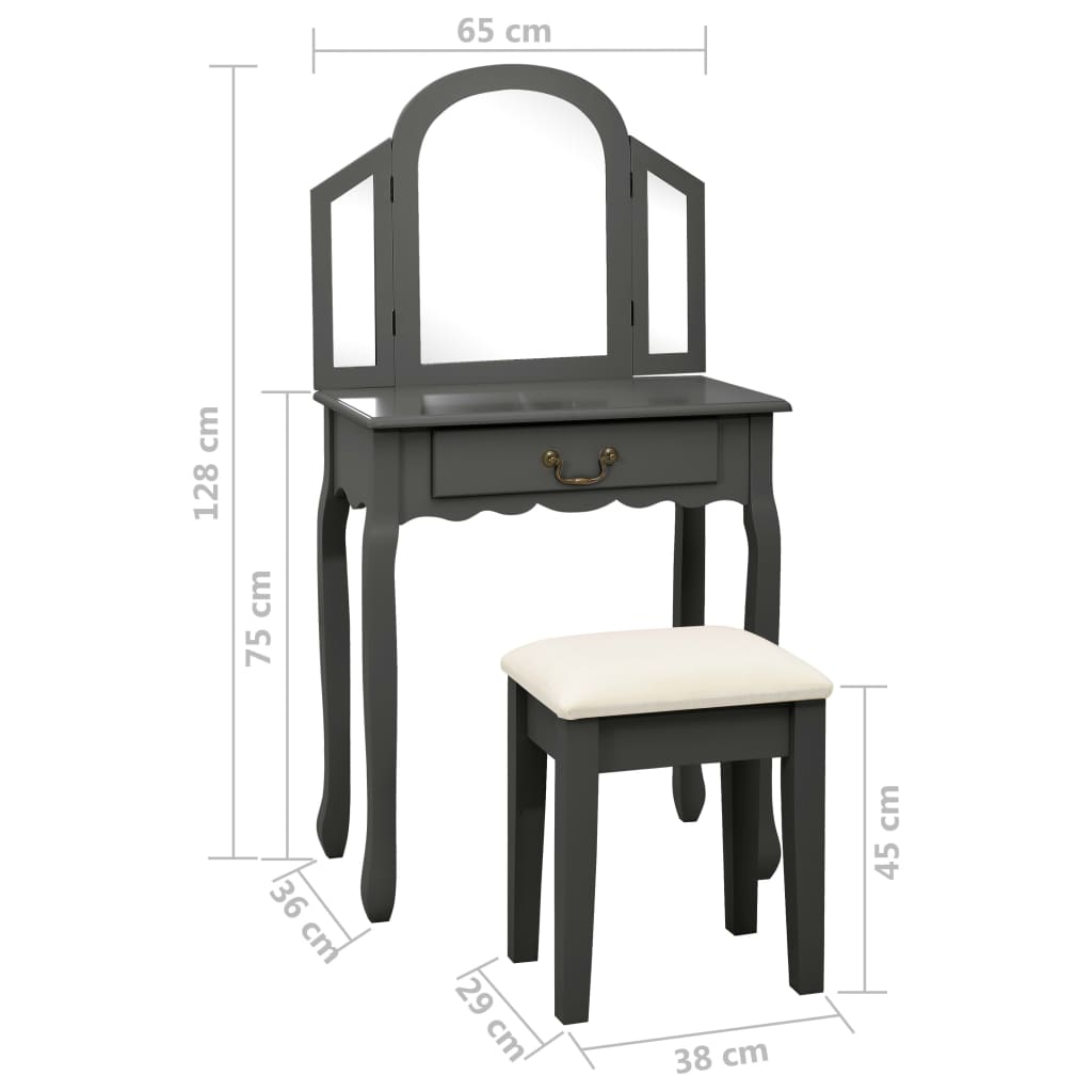 kosmetikbord med taburet 65x36x128 cm kejsertræ MDF grå