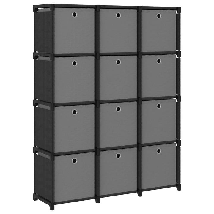 displayreol med 12 rum og kasser 103x30x141 cm stof sort