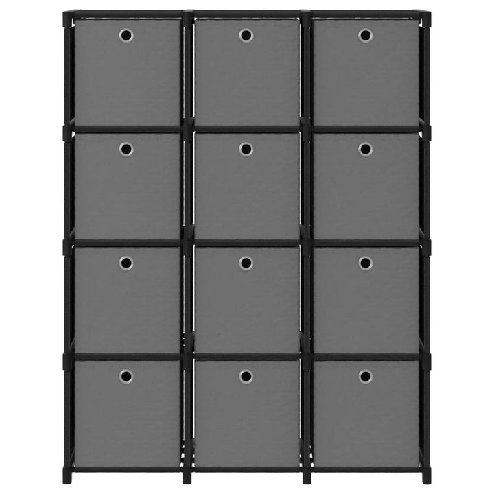displayreol med 12 rum og kasser 103x30x141 cm stof sort