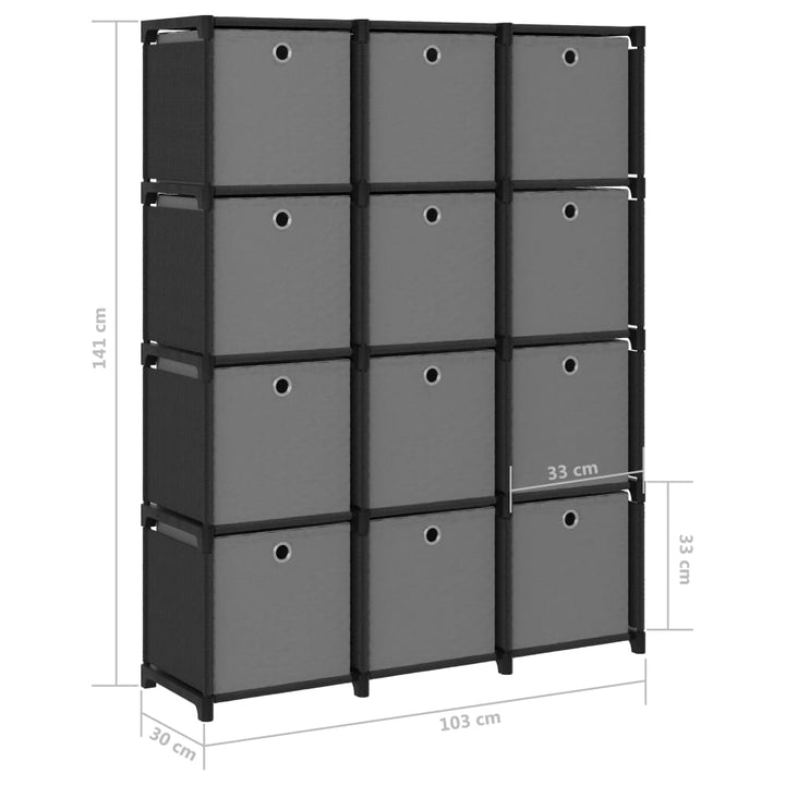 displayreol med 12 rum og kasser 103x30x141 cm stof sort