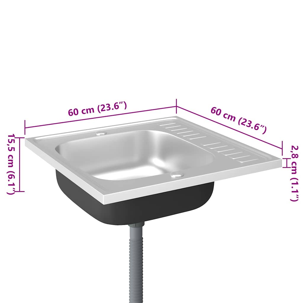 køkkenvask med afløbssæt 600x600x155 mm rustfrit stål sølv