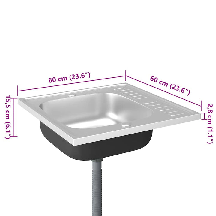 køkkenvask med afløbssæt 600x600x155 mm rustfrit stål sølv