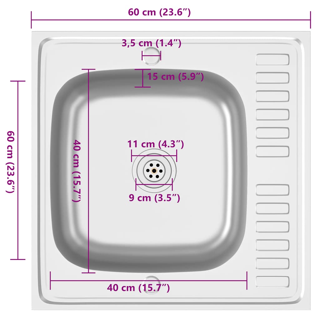 køkkenvask med afløbssæt 600x600x155 mm rustfrit stål sølv