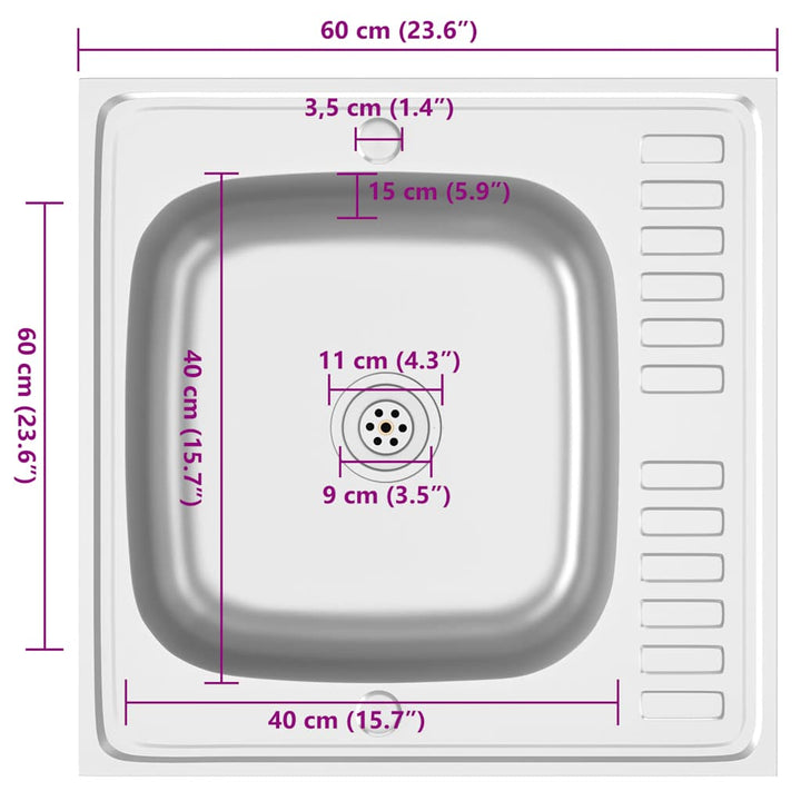 køkkenvask med afløbssæt 600x600x155 mm rustfrit stål sølv