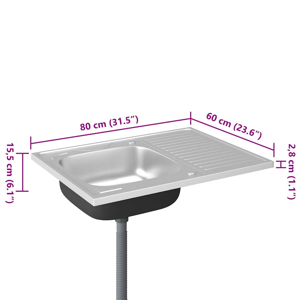 køkkenvask med afløbssæt 800x600x155 mm rustfrit stål sølv