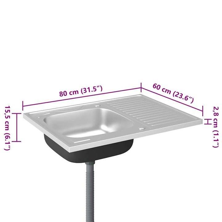 køkkenvask med afløbssæt 800x600x155 mm rustfrit stål sølv