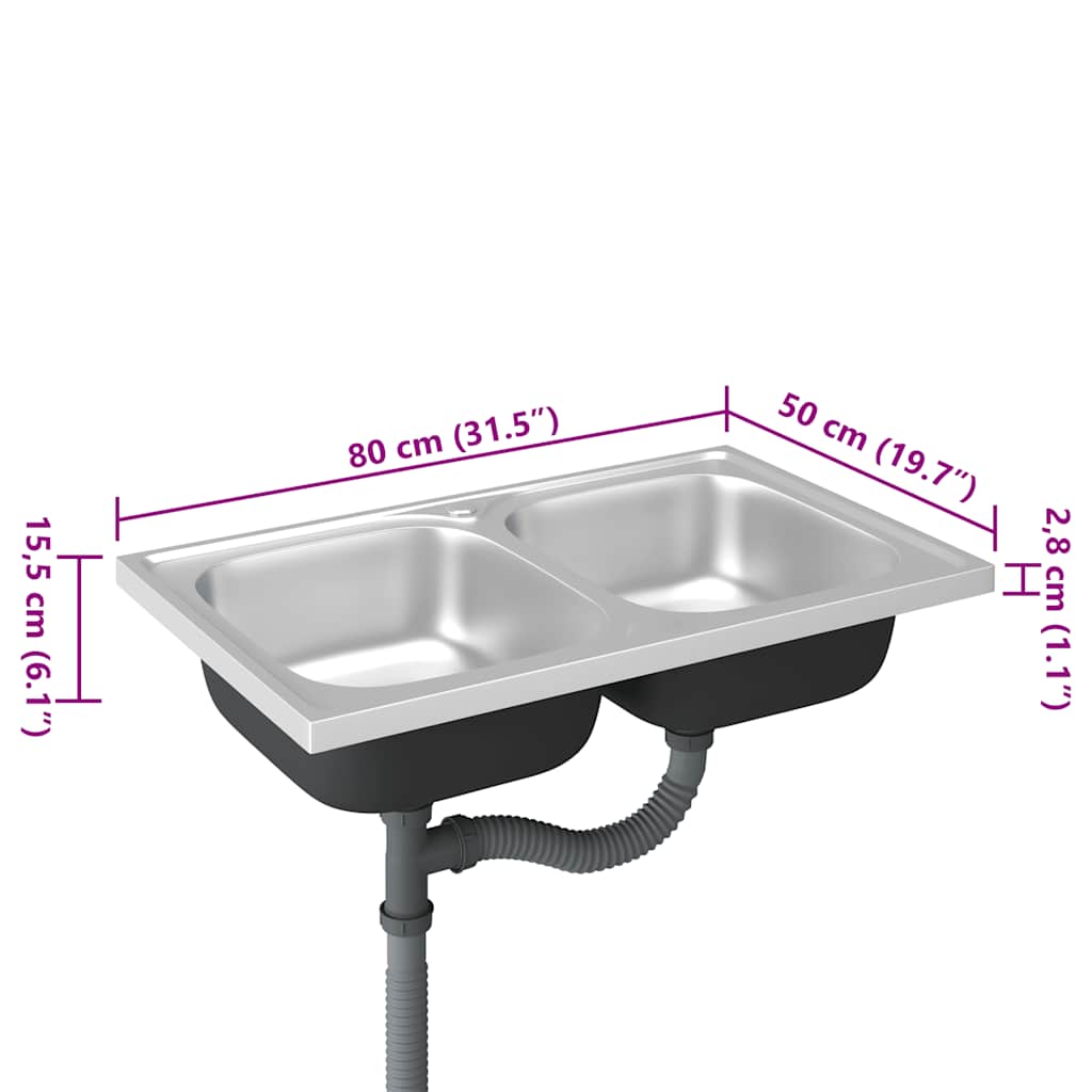 køkkenvask med 2 bassiner 800x500x155 mm rustfrit stål sølv