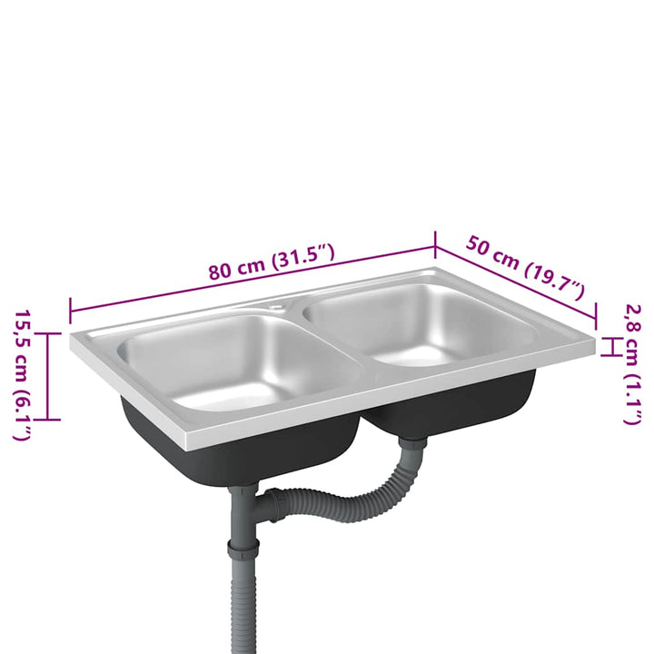 køkkenvask med 2 bassiner 800x500x155 mm rustfrit stål sølv